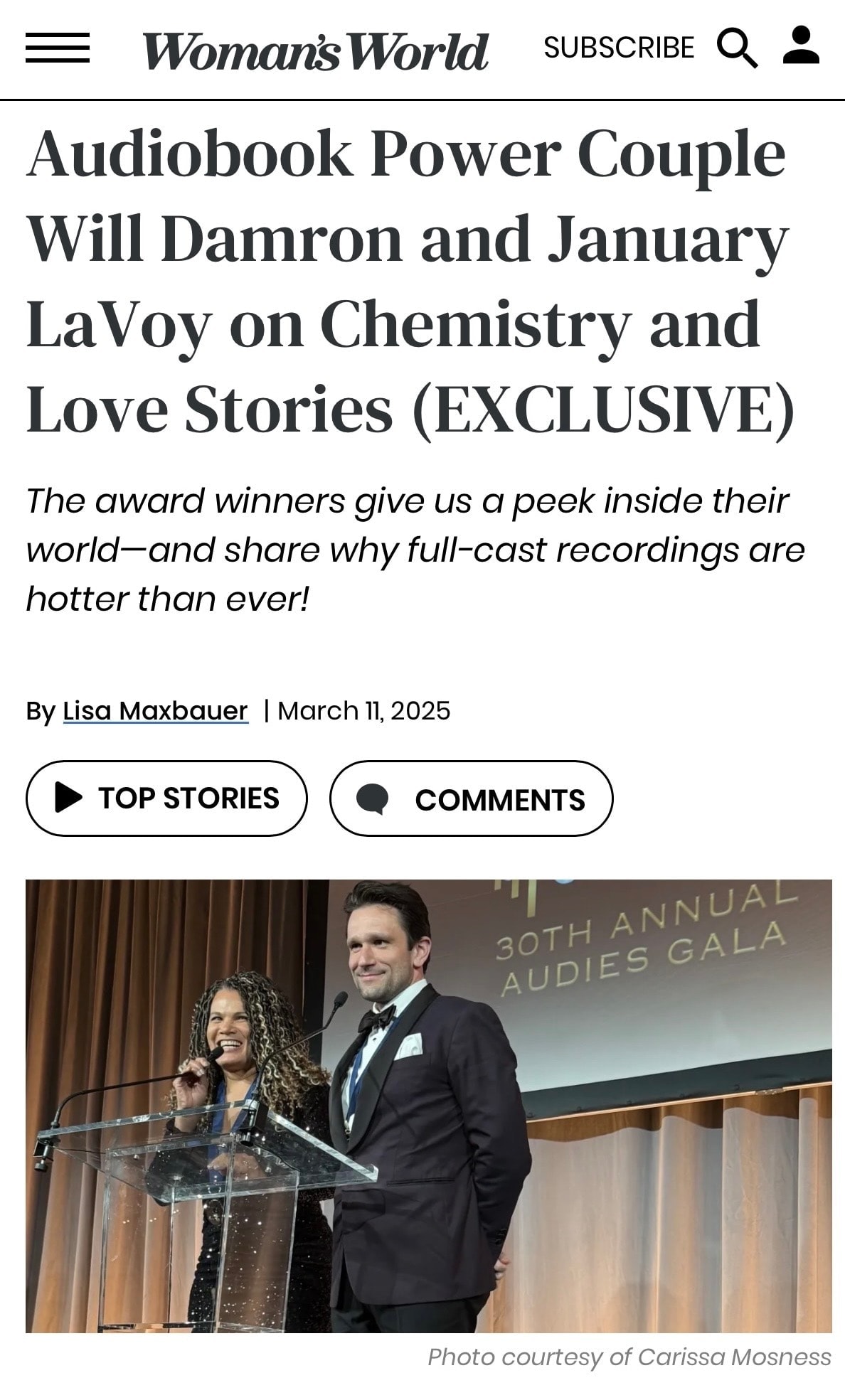 Woman's World feature — Will Damron and January LaVoy at the Audies Gala